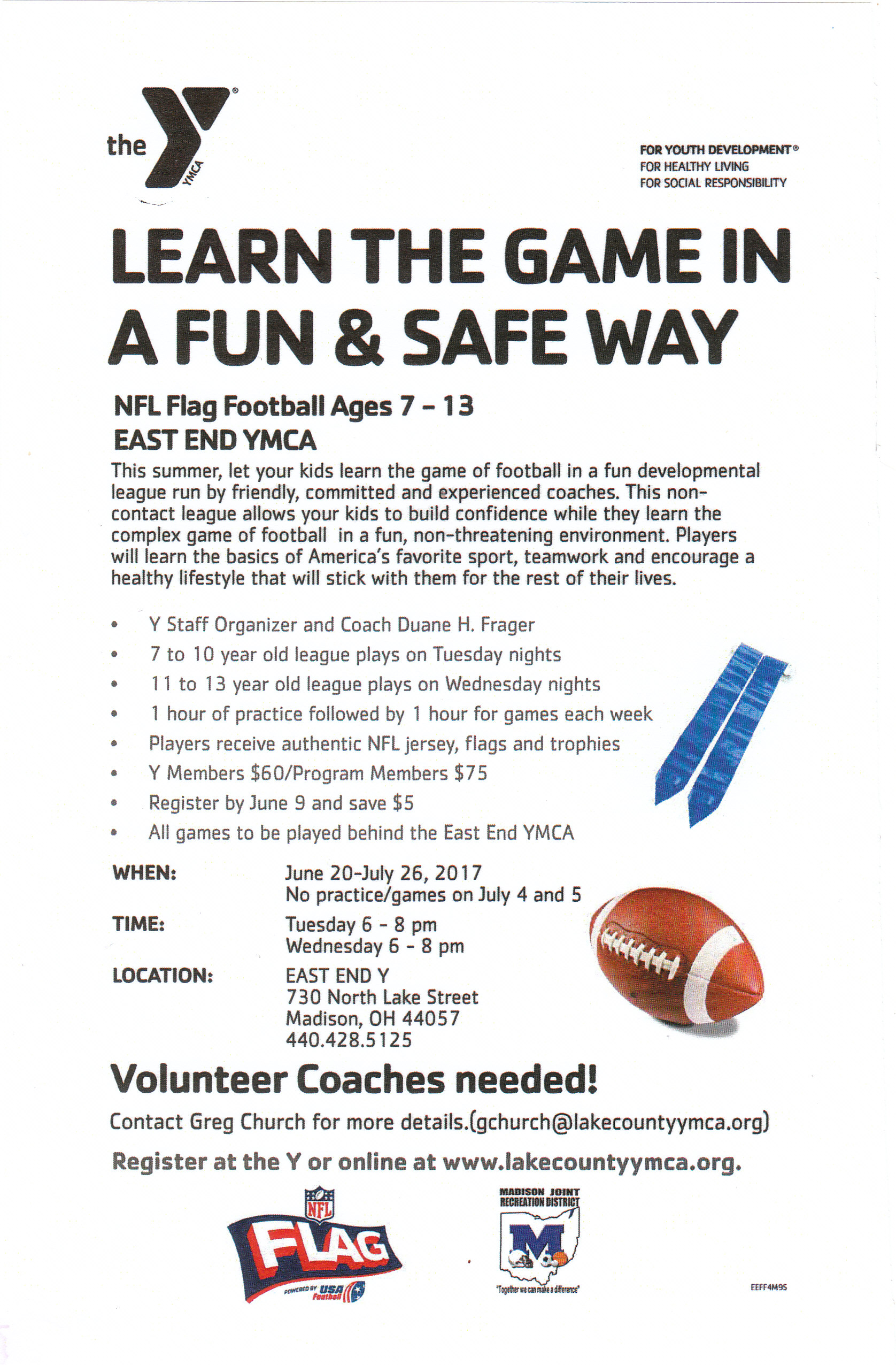 Madison Joint Recreation District NFL Flag Football Ages 713 EAST END YMCA Registration OPEN